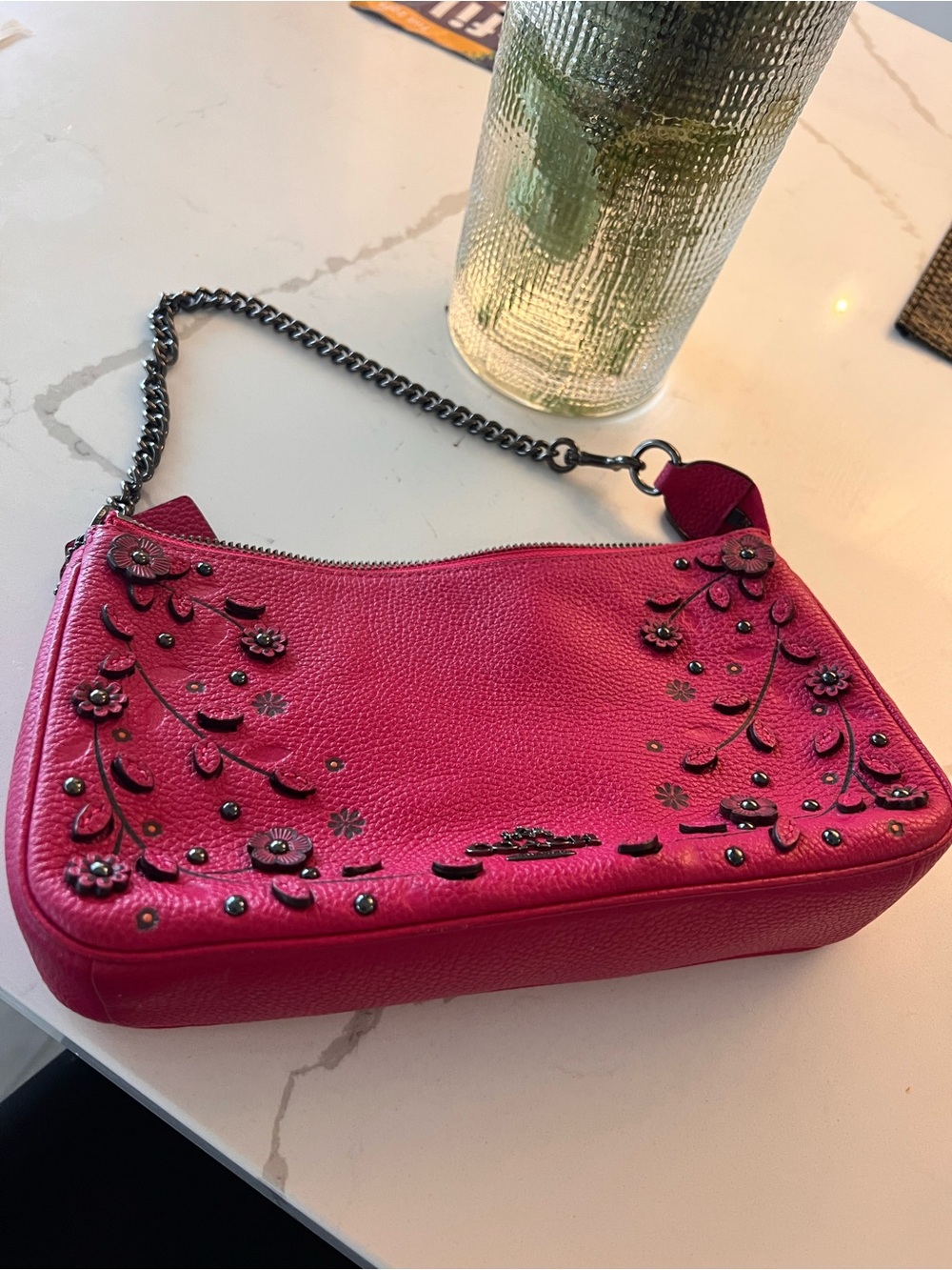 Coach Hot Pink Floral Studded Leather Shoulder Bag with Chain Strap